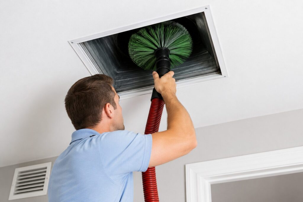 Technician cleaning a ceiling air duct register in a Greenville home