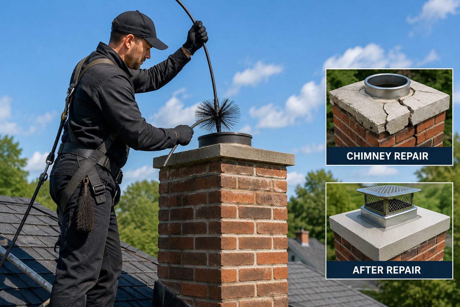 Chimney sweep brushing a flue with before and after chimney repair insets