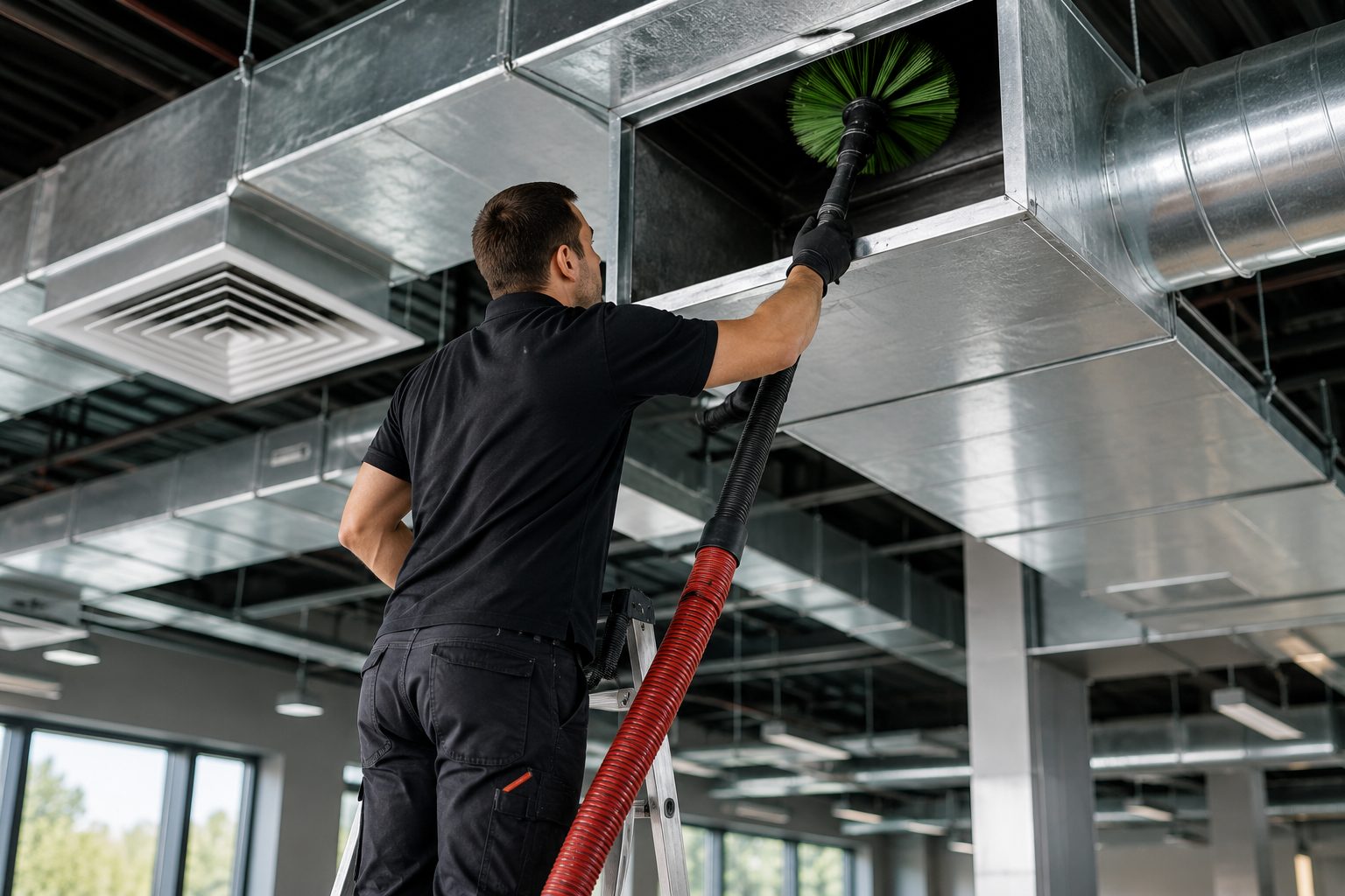 Technician cleaning commercial HVAC ductwork from a ladder in an office