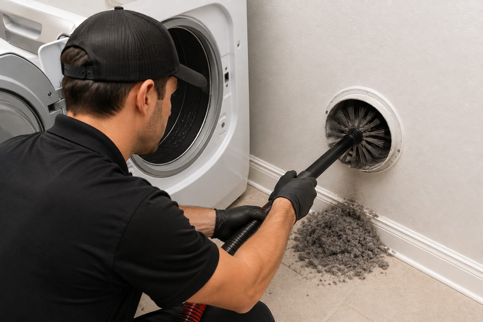 Technician brushing lint from a dryer vent in a laundry room
