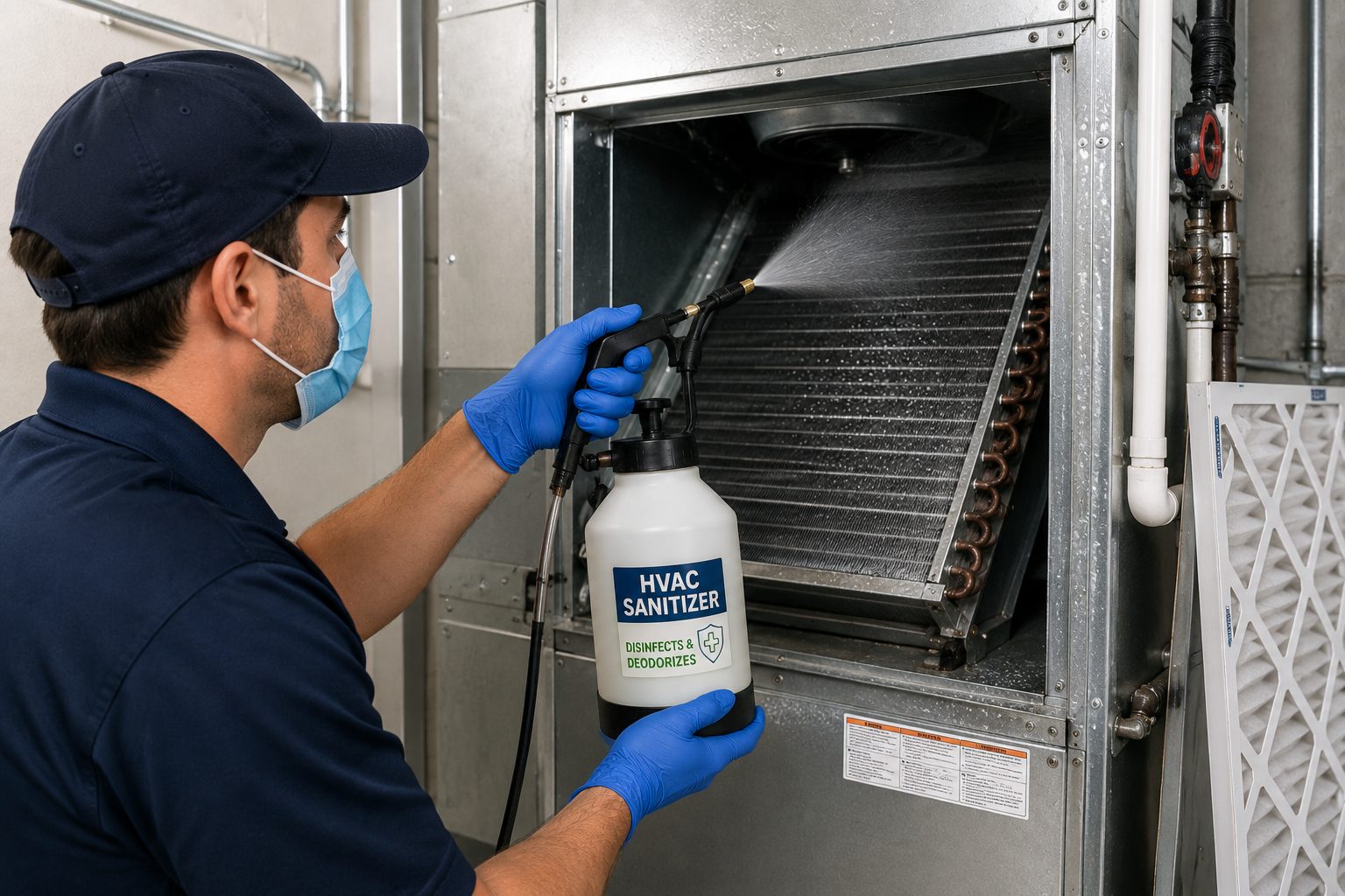 Technician spraying HVAC sanitizer onto an evaporator coil