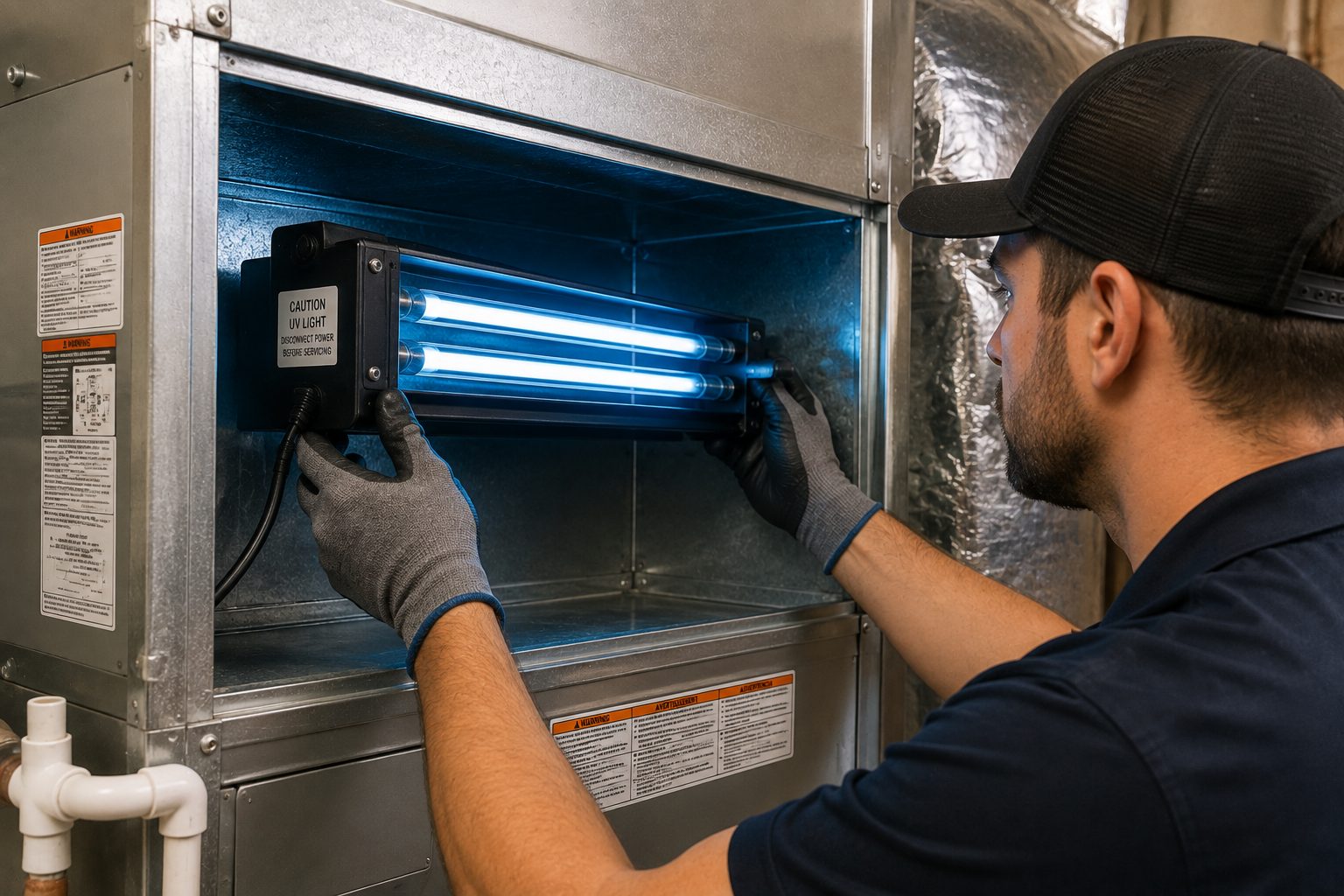 Technician installing a UV-C germicidal lamp inside an air handler